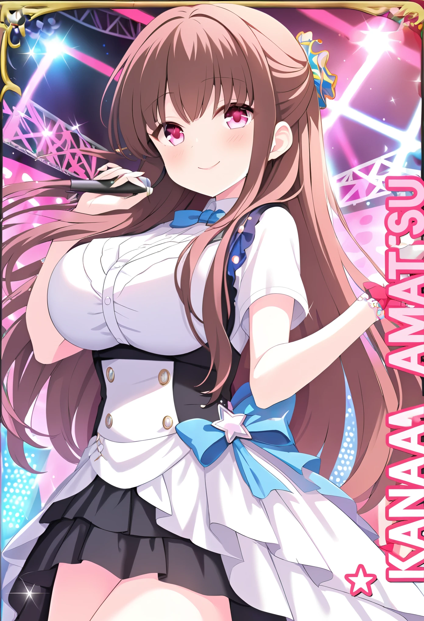 brown hair, blue scrunchie, hair scrunchie, half updo, long hair, pink eyes , live stage, large Breasts, Formal dress smile　solo,