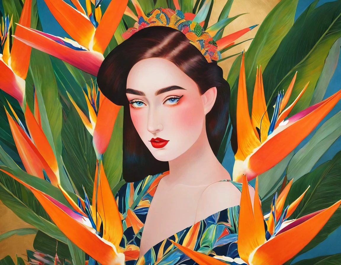 "(best quality,4k,8k,highres,masterpiece:1.2),ultra-detailed,portrait,fashion fusion:bright colors,stylized background,Bird of Paradise (Strelitzia),solo girl,exotic flower crown,detailed eyes and lips,flowy dress,confident pose,artistic lighting"