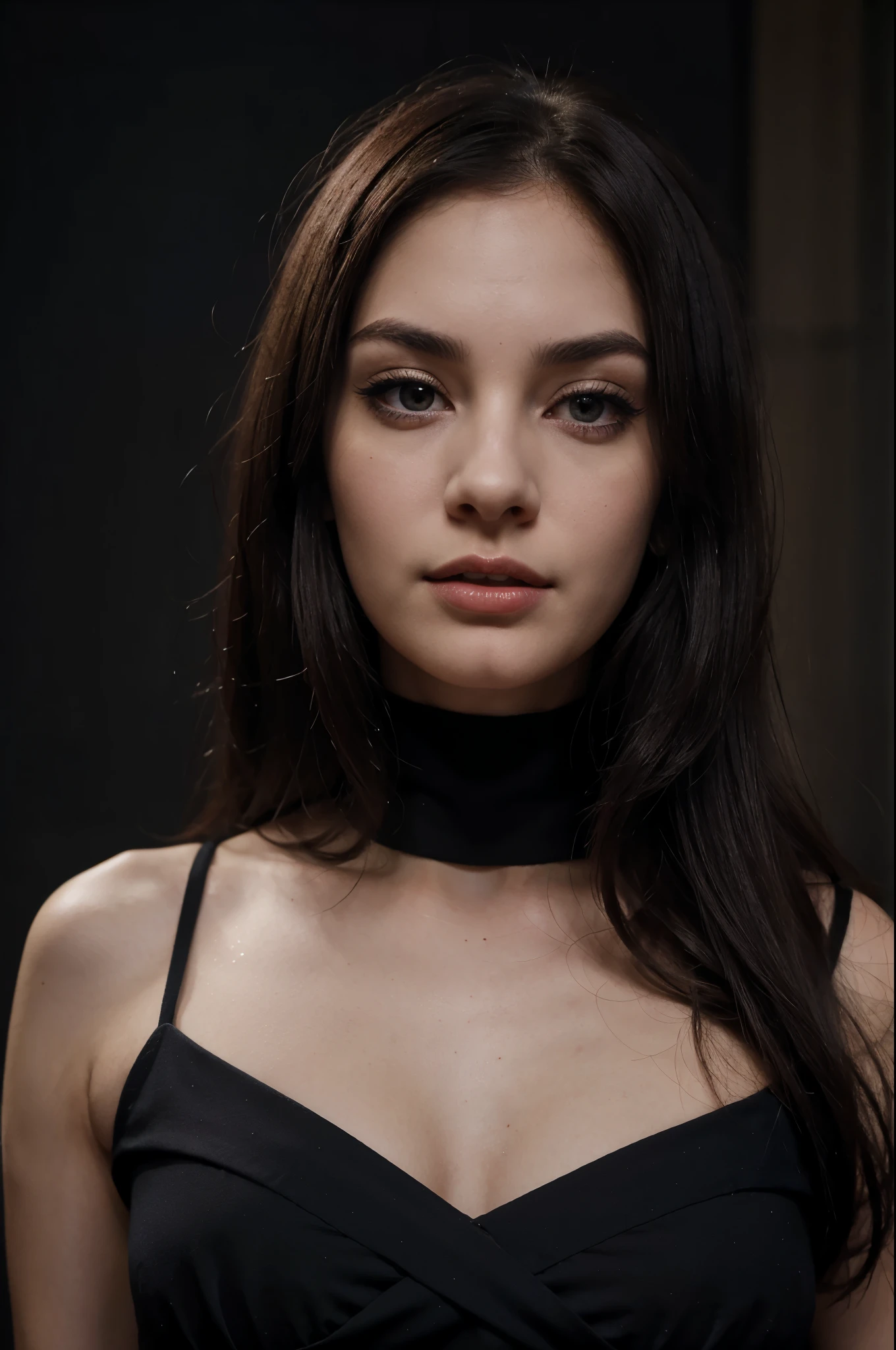 Very slender woman with very pale skin, an oval face, a small nose, small dark red lips, her cheeks are slightly pink. ,His eyes are large, dark brown, almost giving them a black tone., His eyebrows are thin and fine and his eyelashes are long, both midnight black.,su cabello es corto ondulado colir negro noche,tiene una mirada curiosa y serena, lleva un vestido azul oscuro sencillo,