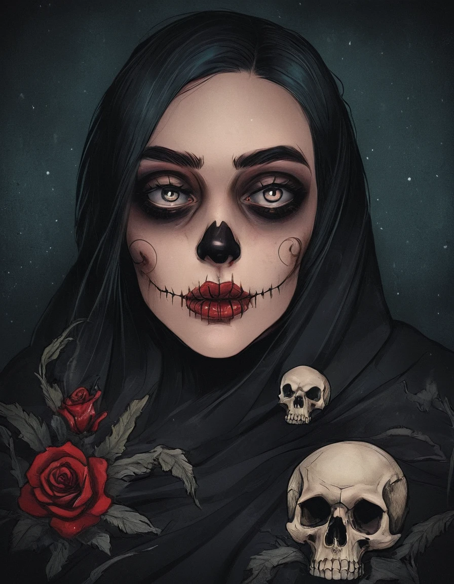 "(best quality,highres),ultra-detailed,realistic,professional,portraits,drama color scheme,woman,beautiful detailed eyes,beautiful detailed lips,extremely detailed eyes and face,dark hair,expressive facial expression,intense gaze,photographer,horror,poster,bold lines,hyper detailed" (highres,realistic) horror tattoo art, skull girl, detailed tattoos, dark and eerie ambiance, vibrant colors, intricate linework and shading, creepy atmosphere, gothic theme, haunted expression, macabre beauty, (sinister, haunting) eyes, (ominous, mysterious) background, (grim, foreboding) atmosphere, (sharp, jagged) teeth, (elegant, flowing) hair, (gruesome, intricate) skull, (sinister, haunting) flowers, (distressed, worn-out) textures, (ominous, flickering) candlelight, (bloodcurdling, chilling) details, (hauntingly, hauntingly) realistic, (unsettling, unsettling) shadows, (ghastly, haunting) apparitions, (macabre, dark) art style, (grim, eerie) aesthetic, (unsettling, bone-chilling) composition, (spooky, supernatural) elements, (dreadful, horrifying) visage, (frightening, spine-tingling) aura, (sinister, haunting) symbolism, (dark, gothic) undertones, (mysterious, haunting) expressions, (ominous, eerie) presence, (haunting, otherworldly) vibes.