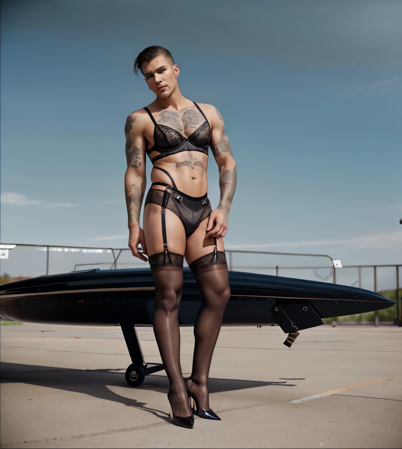  Athletic hunk man with very short hair, vintage lingerie,  glossy stockings, bra, very high stiletto heels with pointy toes, earrings, bra ,nylons and makeup,  garterbelt, corset outside, tattoos