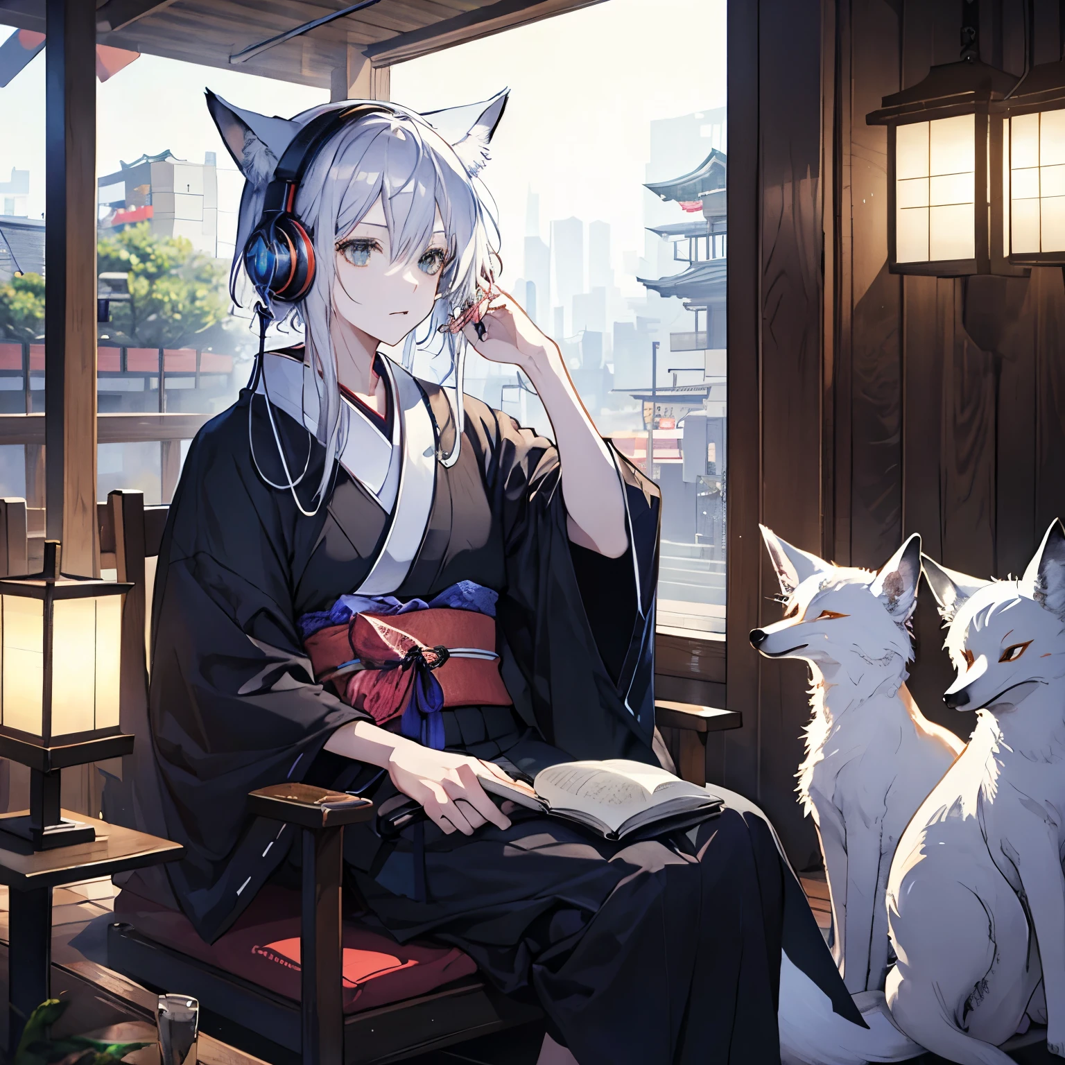Sitting in a traditional Japanese cafe and listening to music with headphones、one person、((male))、youth、((Fox ears))、Silver Hair、Fox ears、Fox&#39;s Tail、kimono、Japan、Lo-fi anime style