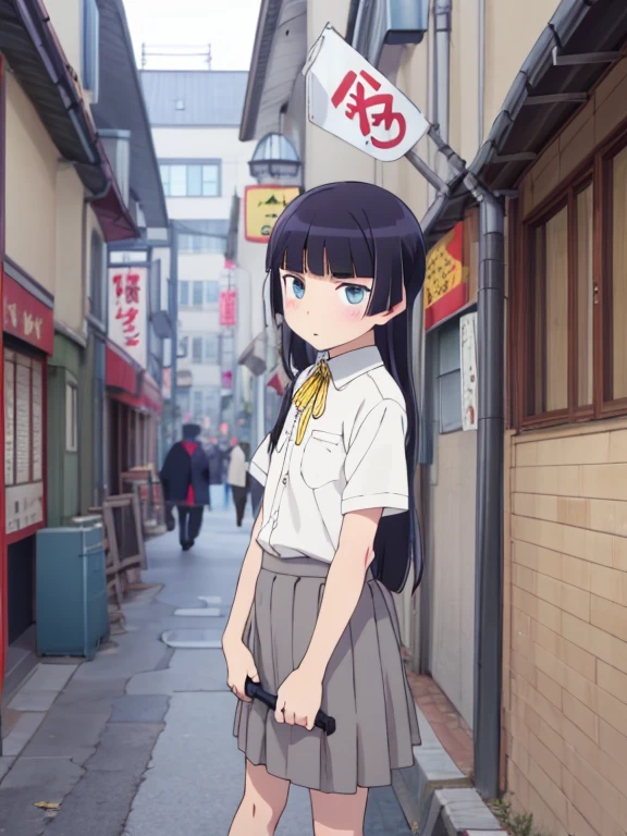 highest quality, Very detailed, figure,
tenjinbashisuji, street, scenery, Outdoor, Ground vehicles, bicycle, Real-world locations, multiple boy, road, Vanishing Point, city, sign, 6+boy, building, Realistic, photograph (Moderate), photograph background,
gokou ruri, One girl, alone, Black Hair, Long Hair, bangs, Black socks, Short sleeve, Grey Skirt, Medium skirt, Box Pleat Skirt, blunt bangs,  Straight hair, Hime cut, tuck in, Collared shirt, ribbon, blue eyes, yellow ribbon
 