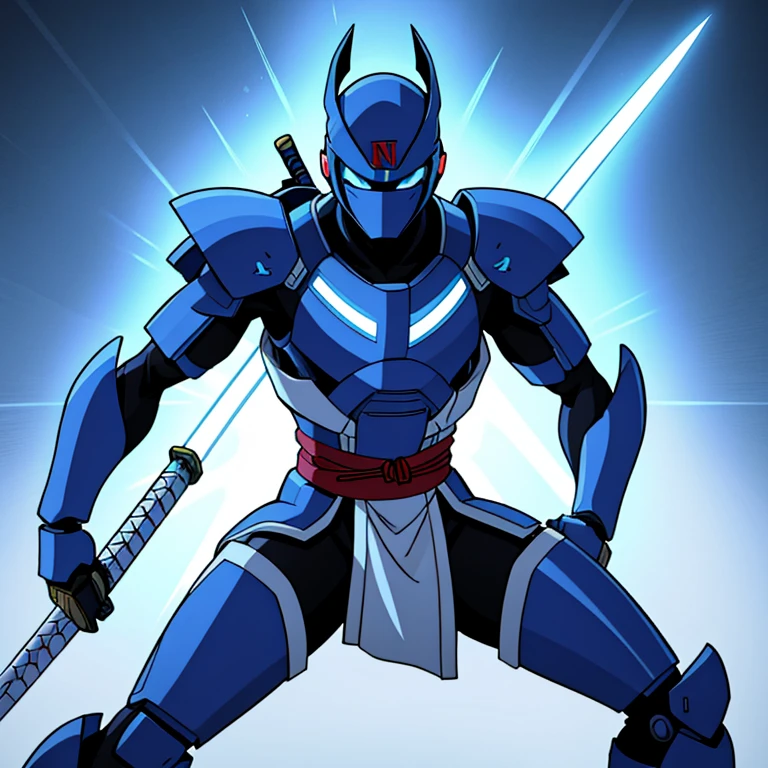 humanoid mech designed to look like a ninja with a headband, carries a traditional Japanese sword, armor is colored white with light blue lights.
