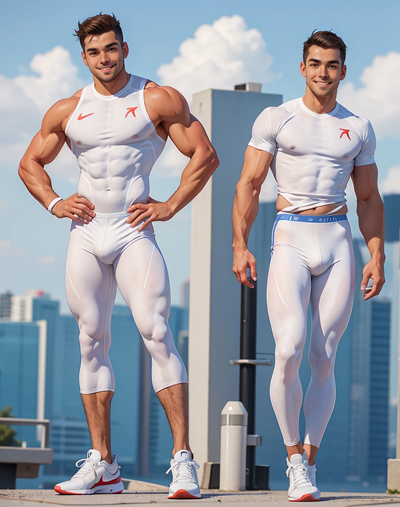 Wearing pure white sports spandex and sports Nike sneakers, Male sports blogger, european man，Smiling，Standing whole body，full-body shot，Have normal muscle lines，Sunny and handsome，Exercise and fitness，front Photo，Unworn hands, slim waist, large chest.
