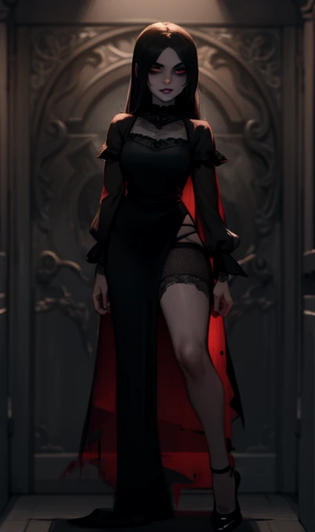 A horror film girl standing in a dark and eerie setting, with best quality, high resolution, and a realistic depiction. She has haunting, detailed eyes and dark, sinister lips. Her face is extremely detailed and her long eyelashes add to her mysterious appearance. The scene is set in a haunted house, with flickering lights and shadows. The girl is wearing a tattered and bloodied dress, adding to the eerie atmosphere. The color tone is dark and gloomy, with a focus on deep blacks and contrasting reds. The lighting is dramatic, with low-key lighting illuminating her face in an atmospheric way. The overall image quality is reminiscent of a masterpiece in a horror film.