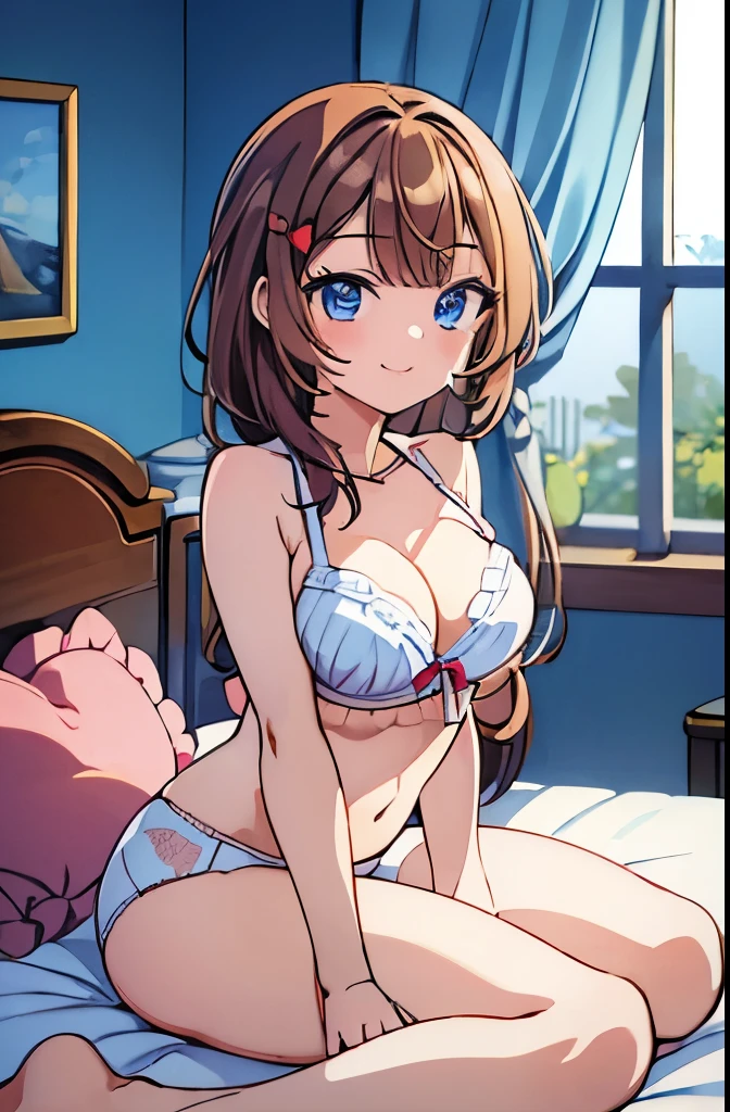 ((masterpiece)), ((best quality)), (ultra-detailed), on the bed, a cute girl, 1girl, solo, smile, underwear00