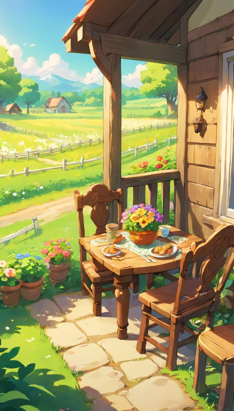 In lofi art style, From the porch of a farm house, looking at the field with horses grazing. There are decorations in the front porch, wooden table and chair with various tasty food items on it. It's a summer day.