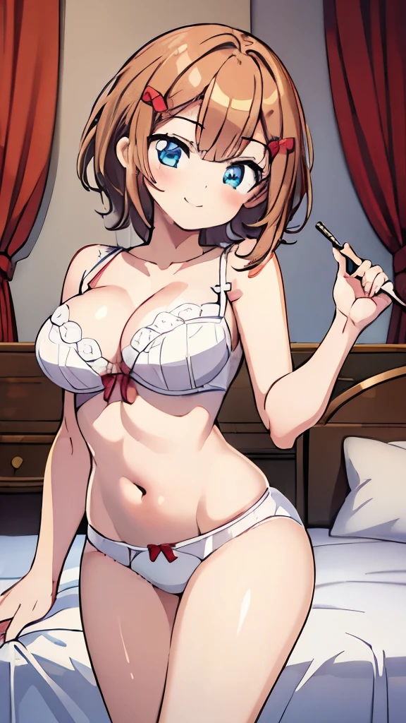 ((masterpiece)), ((best quality)), (ultra-detailed), on the bed, a cute girl, 1girl, solo, smile, underwear00