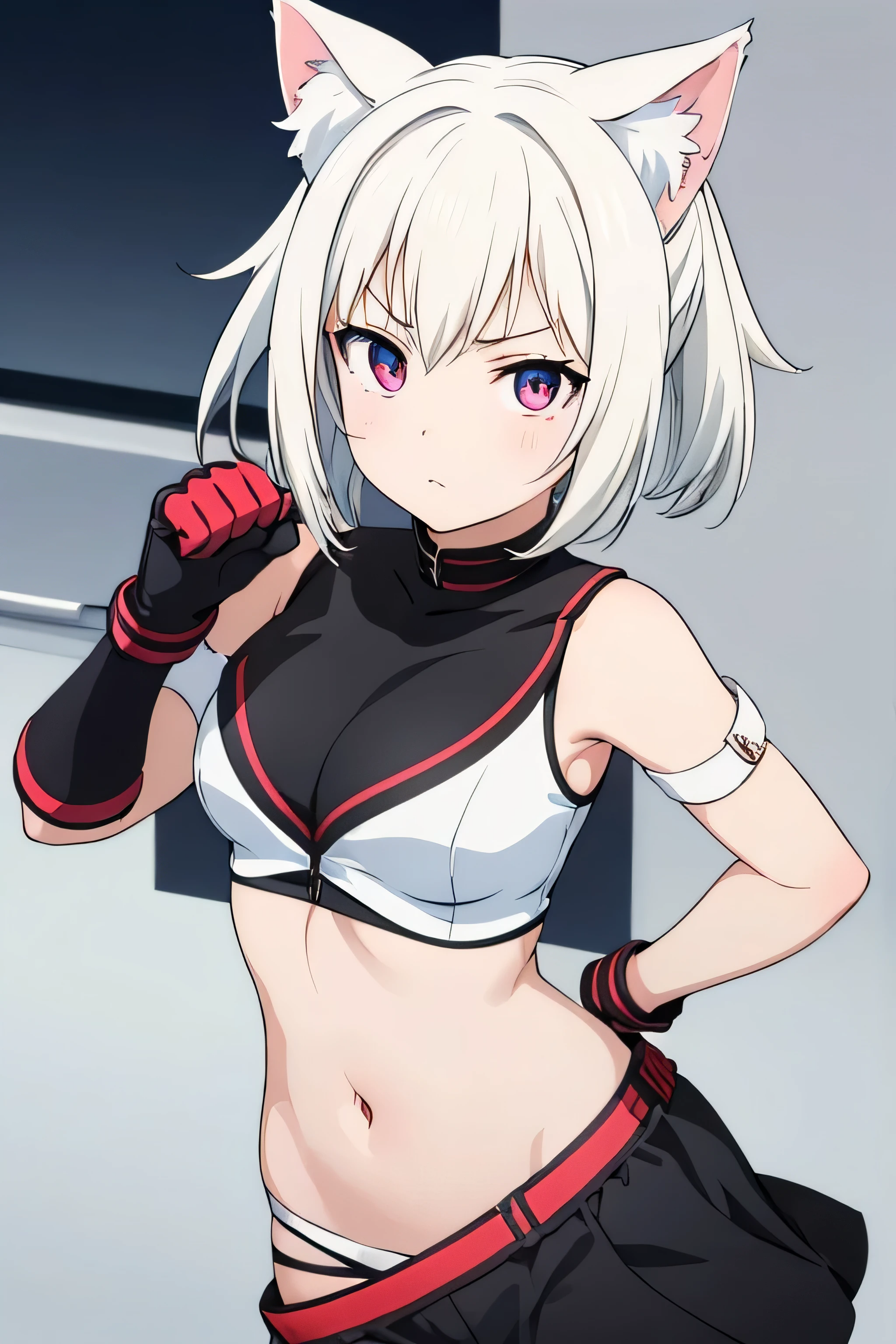 Young girl cream body color short white hair color with cat ears and a serious expression on her lips with her fists down but closed with fighting girl gloves red color with some black edges de fondo un cielo totalmente oscuro con la luna reflejando todo