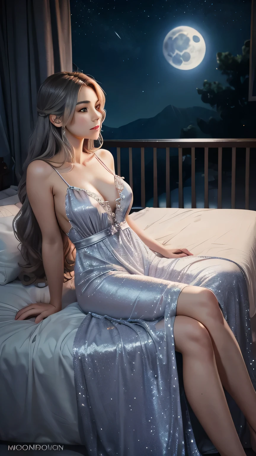 Under the moonlight, a shy young woman in silver nightgown fantasizes about the man of her dreams.