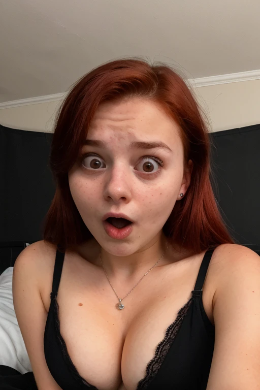 super cute 18 yo woman in a dark theme, cleavage, shocked expression, red hair. Sitting in bed