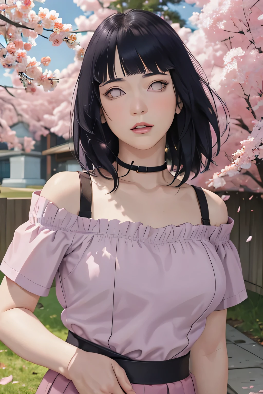 masterpiece, absurdres, hinata\(boruto\), 1girl, solo,mature female, off-shoulder strap bra, high waist short skirt, looking at viewer, (falling petals), perfect composition, detailed lips, big breast, beautiful face, body propotion, blush, (pink lips), long hair, purple eyes, soft gaze, super realistic, detailed, photoshoot, realistic face and body,