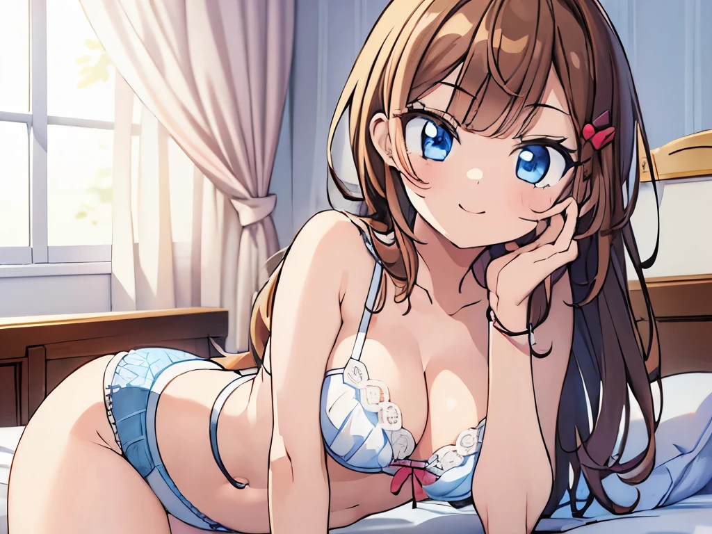 ((masterpiece)), ((best quality)), (ultra-detailed), on the bed, a cute girl, 1girl, solo, smile, underwear00