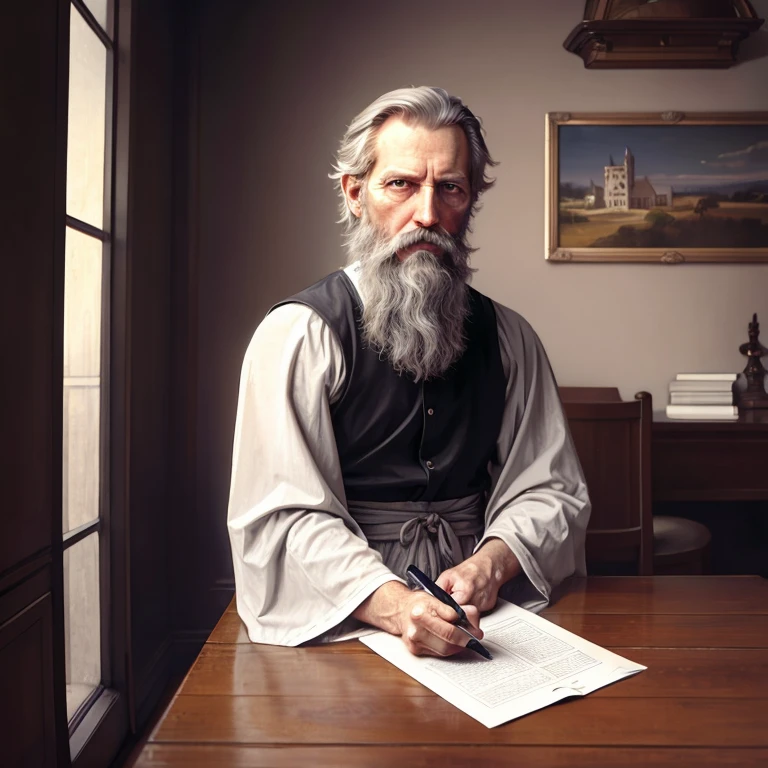 ,bgrtpainting, old magician sitting at the desk in old castle tower,ultra long white beard,gray-haired, writing, magician clothes, long robe