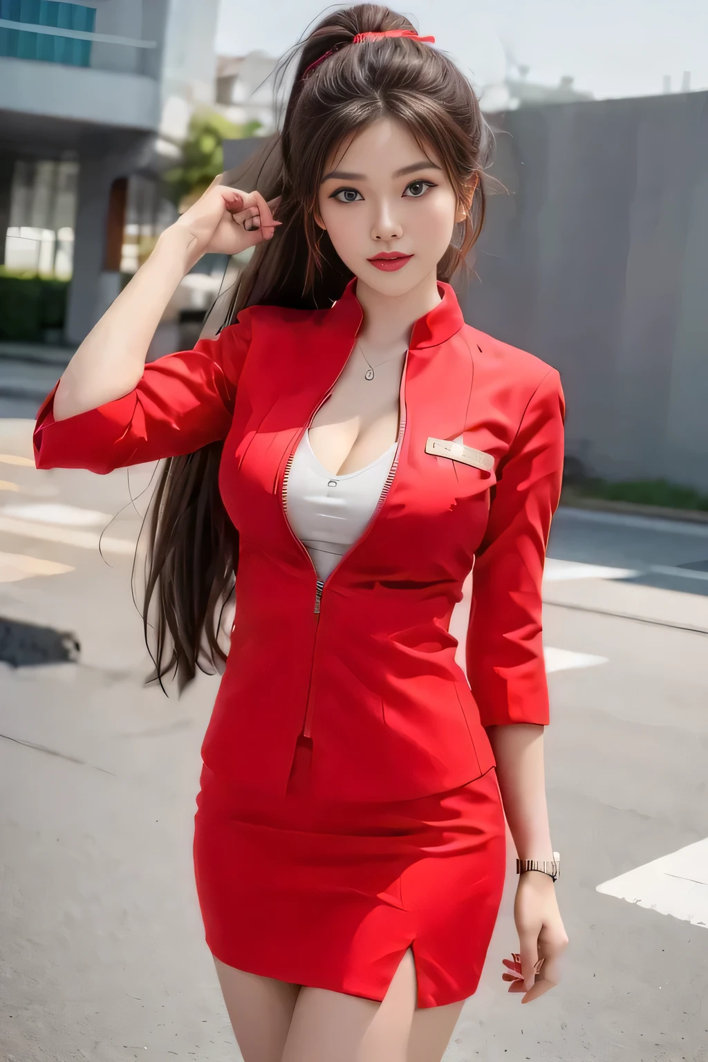 AirAsia red jacket uniform、Long hair down to the legs、Dark brown hair、Hair tied up、Tie your hair back in a ponytail、ponytail、Red rubber band、Luxury earrings、Captivating look、Blue Eyes、Young Asian Woman、