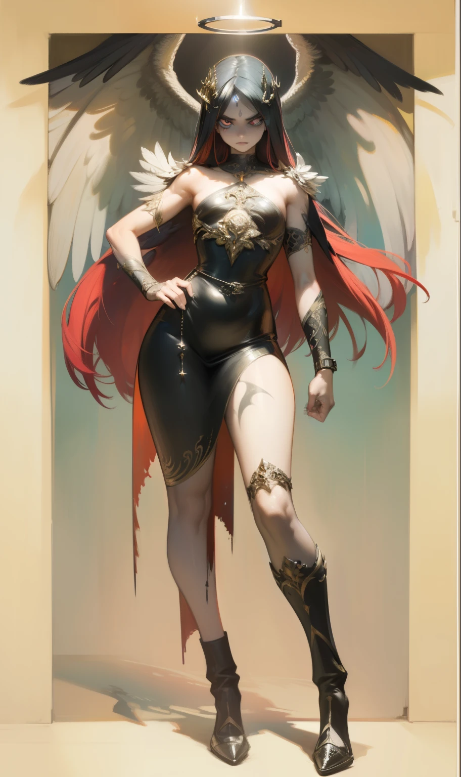 (best quality,4k,8k,highres,masterpiece:1.2),ultra-detailed,realistic:1.37,epic art,colorful scary angel,(Apterus:1.5),oil painting,angry eyes,dark wings,vibrant colors,mysterious background,heavenly atmosphere,glowing halo,intense emotions,expressive brushstrokes,haunting presence,ethereal beauty,foreboding shadows,ominous lighting,dramatic composition,demonic features,sharp and detailed feathers,distinctive textures,contrast between light and dark,awe-inspiring,otherworldly,divine,fantasy theme,mythological creature,impressive wingspan,dynamic pose,ominous clouds,fallen angel,intricate details,captivating,unforgettable,visually stunning