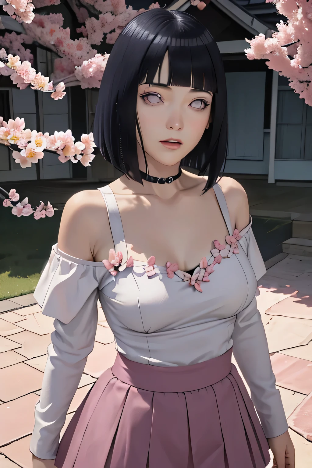 masterpiece, absurdres, hinata\(boruto\), 1girl, solo,mature female, off-shoulder strap bra, high waist short skirt, looking at viewer, (falling petals), perfect composition, detailed lips, big breast, beautiful face, body propotion, blush, (pink lips), long hair, purple eyes, soft gaze, super realistic, detailed, photoshoot, realistic face and body,