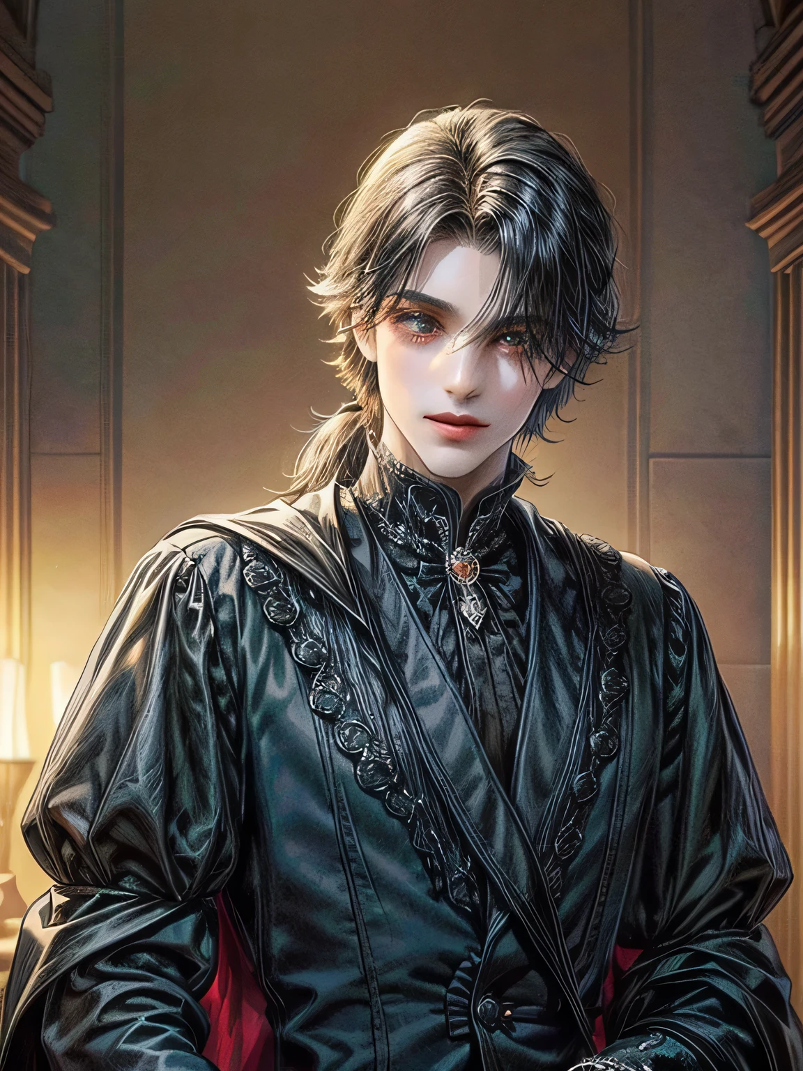 obra de arte, melhor qualidade, 1 homem, adulto, foco masculino, Sozinho, cabelo castanho, olhos castanhos vibrantes, olhando para o espectador, boca fechada, (sorrindo levemente),cantoela, Fantasy aesthetic, Altamente detalhado, Estilo casual, Victorian mansion background , ao lado da janela, natural lighting, cabelo cacheado longo, terno preto detalhado em vermelho, (prince clothes), realeza, (roupas inspiradas em howl de castelo animado) (cabelos cacheados com franja), (cabelo escuro),(Cabelo longo),(Cabelo longo o suficiente para tocar os ombros),(cabelos cacheados).