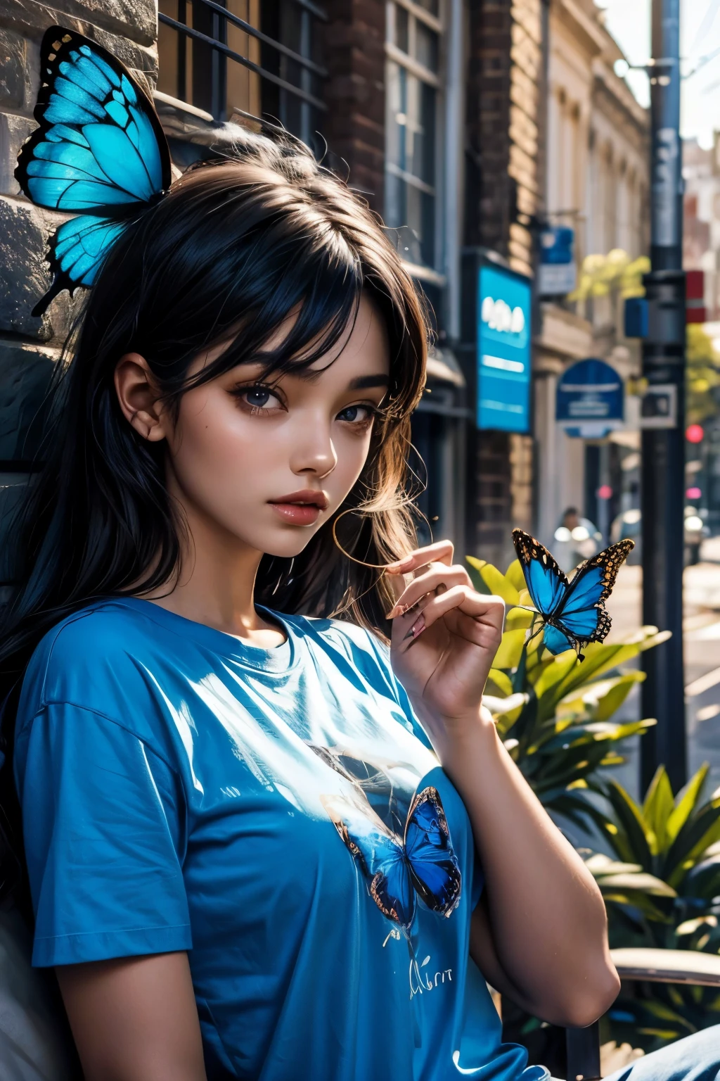 Beautiful woman. Black hair. Twenty years old. He is wearing a tee shirt. She has a blue butterfly resting on her palm.