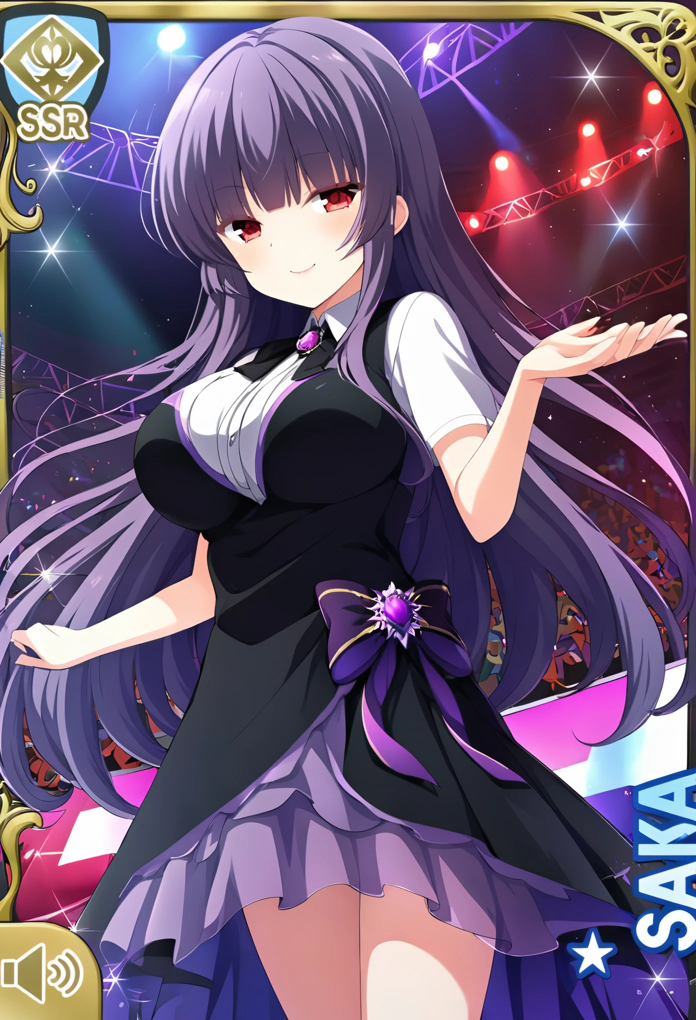 purple hair, blunt bangs, very long hair, red eyes , live stage, large Breasts, Formal dress smile　solo,