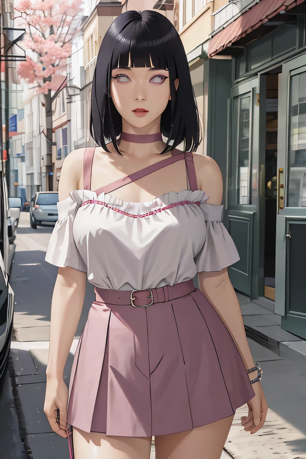masterpiece, absurdres, hinata\(boruto\), 1girl, solo,mature female, off-shoulder strap bra, high waist short skirt, looking at viewer, (falling petals), perfect composition, detailed lips, big breast, beautiful face, body propotion, blush, (pink lips), long hair,  purple eyes,  soft gaze,  super realistic, detailed, photoshoot, realistic face and body,