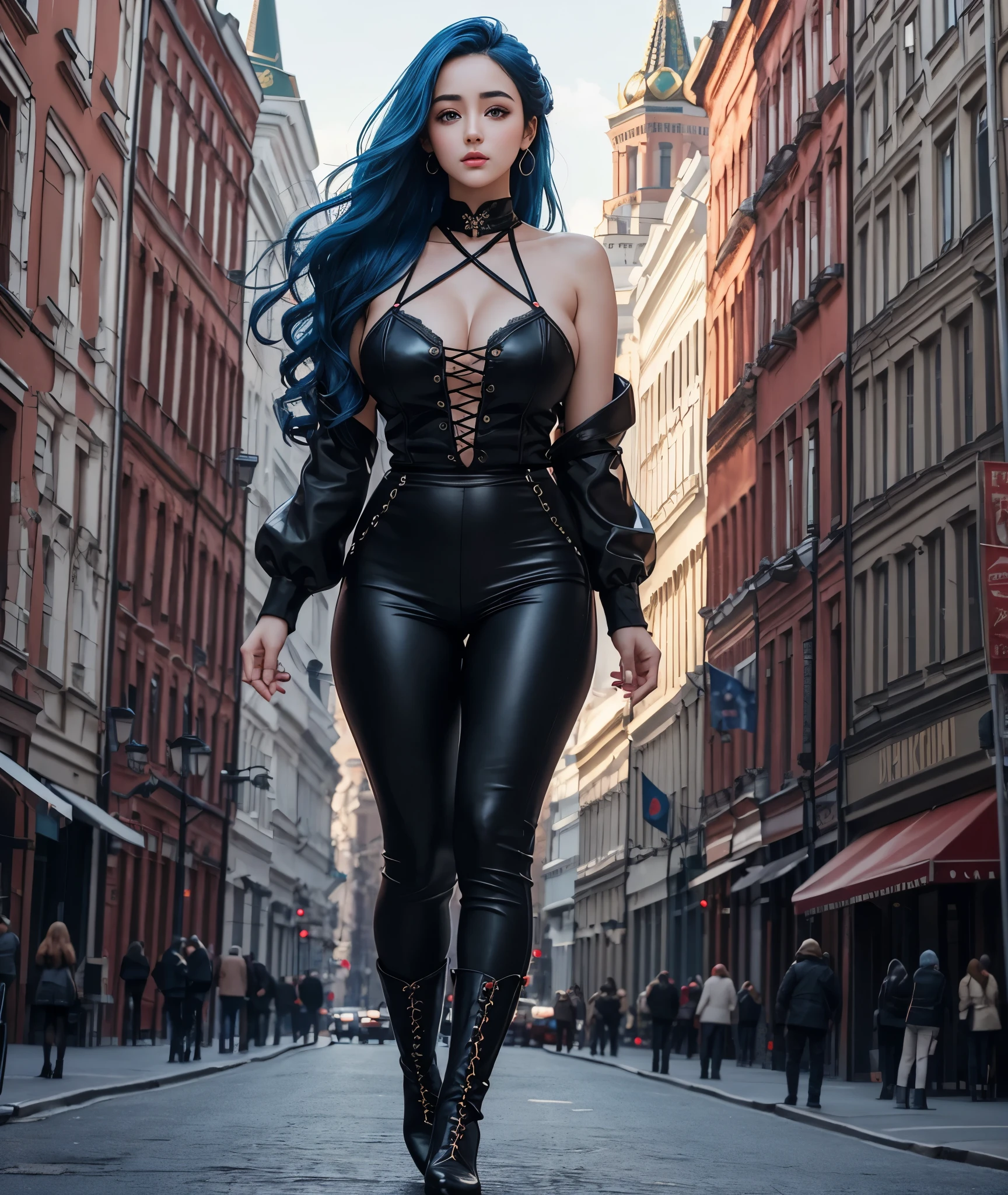 A stunningly beautiful young Russian girl with striking features that bear an uncanny resemblance to the celebrated Turkish-Chinese actress Dilraba Dilmurat. Her hair, which cascades down her back in luscious waves, is a vibrant shade of blue, expertly highlighting her perfect complexion. She has large, almond-shaped eyes that seem to sparkle with life and intelligence, framed by long, thick eyelashes. Her full, pouty lips are painted a shade of red that perfectly complements her blue hair. Her olive skin is smooth and flawless, accentuating her high cheekbones and slender nose. She is dressed in a stylish outfit consisting of a form-fitting red top that hugs her curvy figure and flared black pants that fall just above her ankles, revealing a pair of lace-up black boots beneath. The background of the image is a busy street scene in Moscow, complete with ornate buildings, bustling pedestrians, and the iconic red, white, and blue St. George's Banner flying high above. Despite the chaotic energy of the city around her, the Russian girl with blue hair and Dilraba Dilmurat's features manages to stand out as the undisputed center of attention.