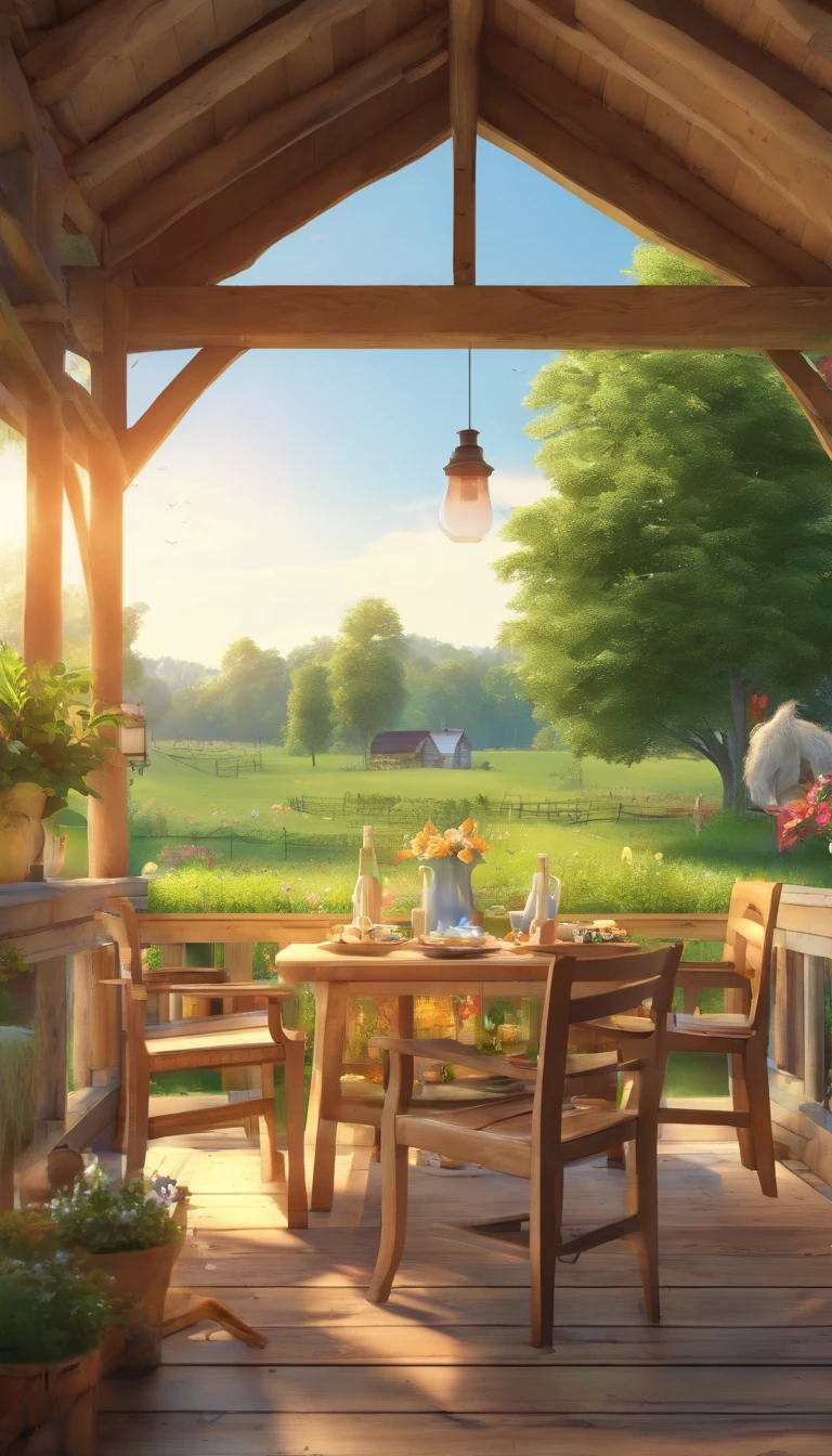 In realistic anime art style, From the porch of a farm house, looking at the field with horses grazing. There are decorations in the front porch, wooden table and chair with various tasty food items on it. It's a summer day.
