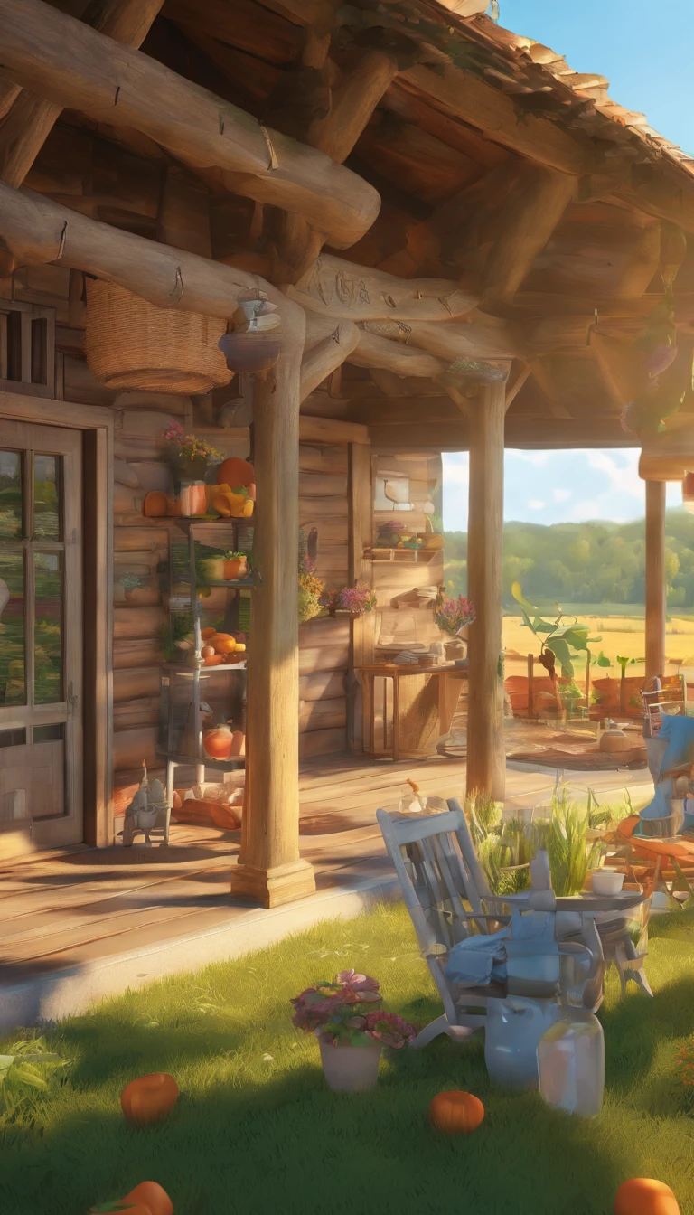 In realistic anime art style, From the porch of a farm house, looking at the field with horses grazing. There are decorations in the front porch, wooden table and chair with various tasty food items on it. It's a summer day.