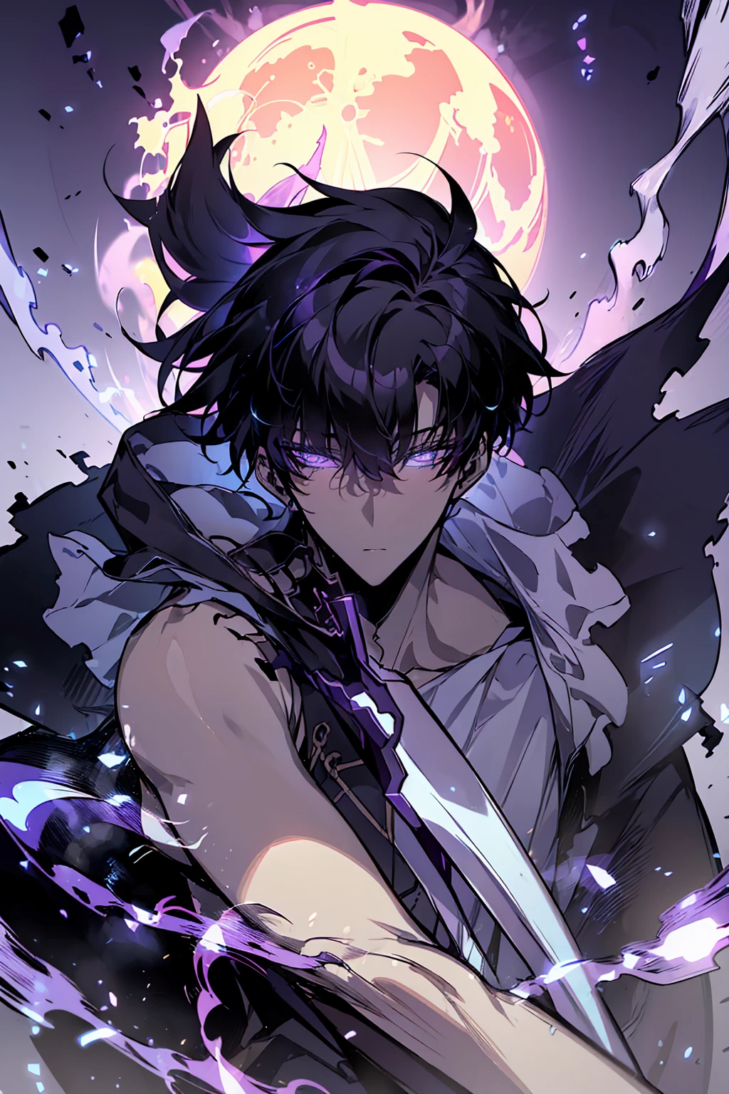 absurdres, highres, ultra detailed, HDR, masterpiece, extremely detailed face and eyes, Sung Jinwoo, solo leveling, black hair, expressive blue eyes, black coat, white shirt, purple moon, purple flames, solo, man, handsome