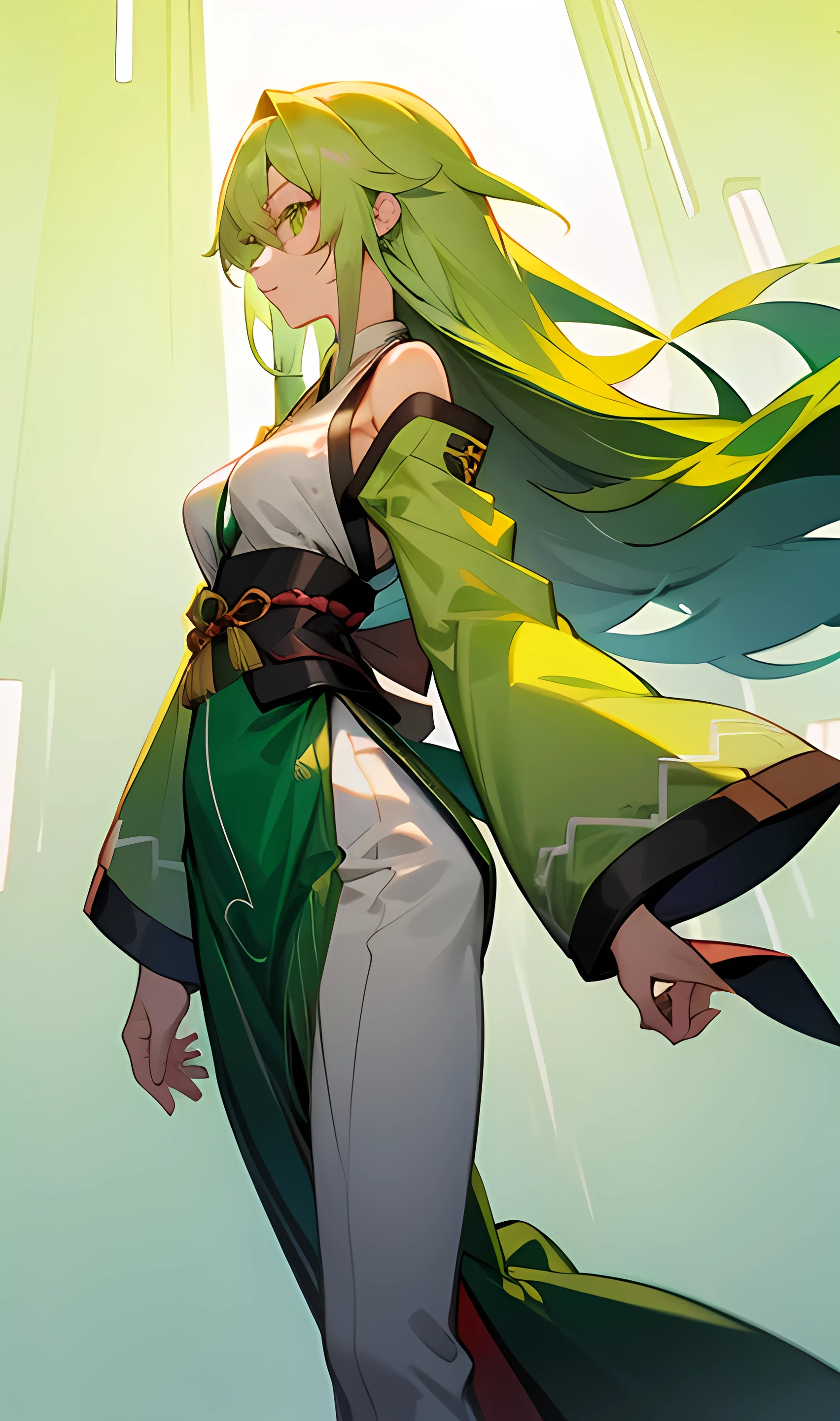 Girl with long green hair wearing a green haori with the sleeves cut off showing her arm while walking green eyes and medium breasts with an average body