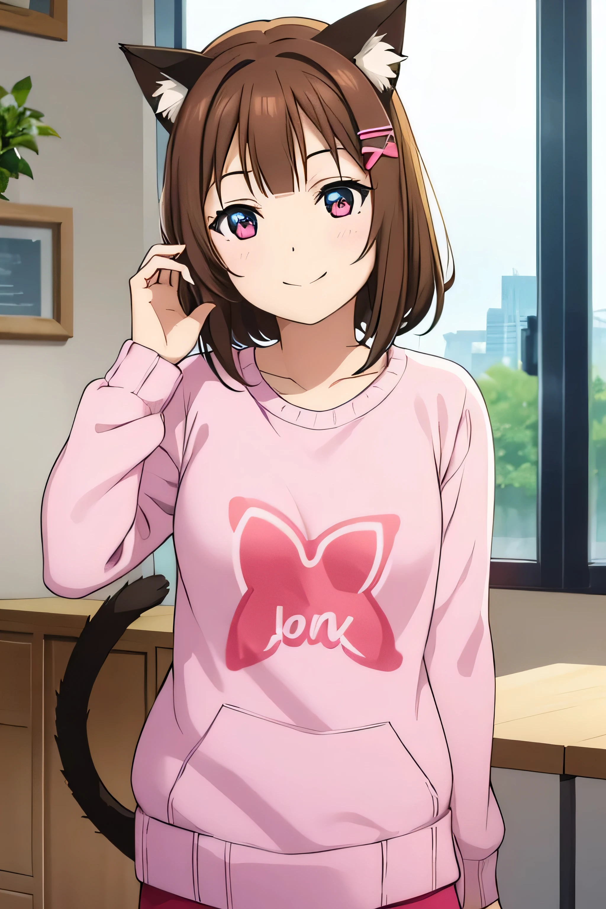 A young girl with an ornament that is cat ears and a cat tail and brown hair with cream skin brown hair with a little red and with a smile on her lips a pink sweater with white edges She is wearing shorts