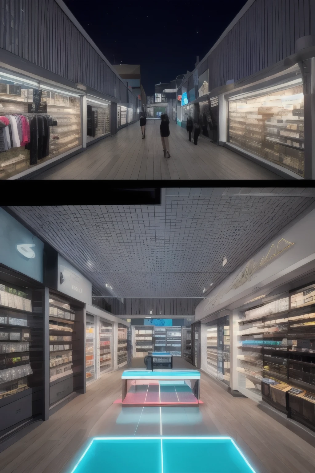 intérieur de magasin de vêtement de sport style futuriste avec des vêtement gris et cyan  avec des leds et dans la nuit avec écrit ALke sur la devanture 
