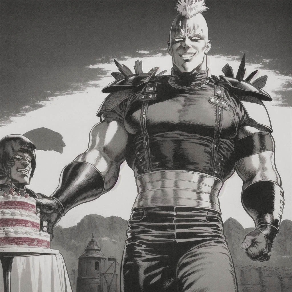 1boy, mohawk, bald, shoulder armor,grin,wilderness, fight, (best quality, masterpiece:1.3)、cake、A good friend