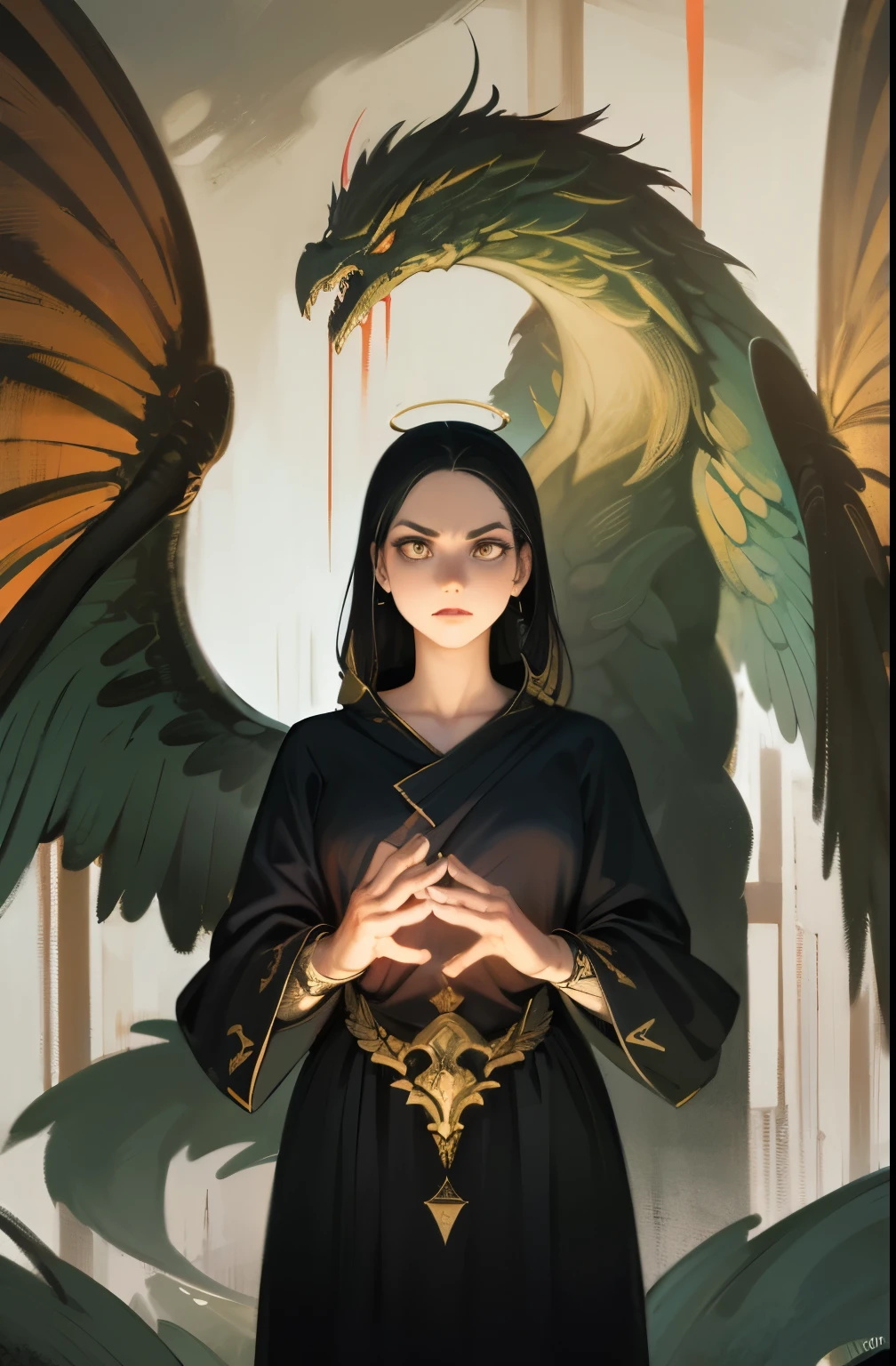 (best quality,4k,8k,highres,masterpiece:1.2),ultra-detailed,realistic:1.37,epic art,colorful scary angel,(Apterus:1.5),oil painting,angry eyes,dark wings,vibrant colors,mysterious background,heavenly atmosphere,glowing halo,intense emotions,expressive brushstrokes,haunting presence,ethereal beauty,foreboding shadows,ominous lighting,dramatic composition,demonic features,sharp and detailed feathers,distinctive textures,contrast between light and dark,awe-inspiring,otherworldly,divine,fantasy theme,mythological creature,impressive wingspan,dynamic pose,ominous clouds,fallen angel,intricate details,captivating,unforgettable,visually stunning