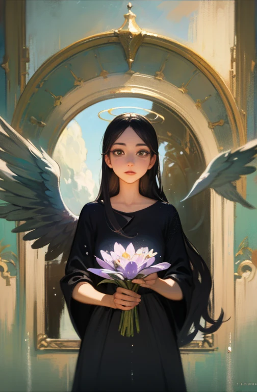 "(best quality,ultra-detailed),water element angel from lake,beautiful detailed eyes,beautiful detailed lips,flowing white dress,ethereal beauty,long flowy hair,golden halo,sparkling water drops,floating wings,soft ethereal light,impressionist painting style,vibrant colors,pastel color palette"