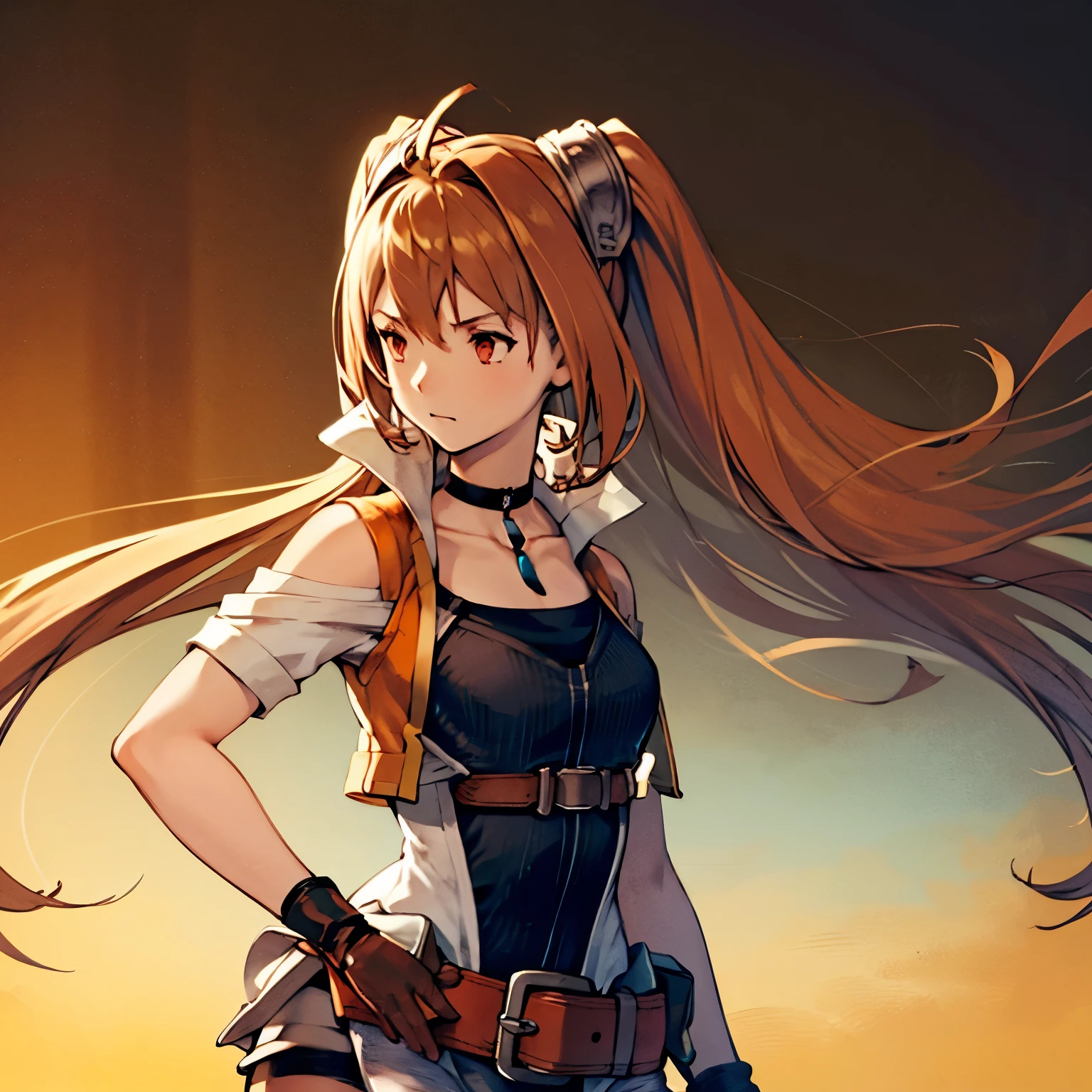 Masterpiece, solo, 1girl, upper body, senEstelle, choker, single pauldron, orange jacket, black shirt, miniskirt, belt, spandex shorts, black thighhighs