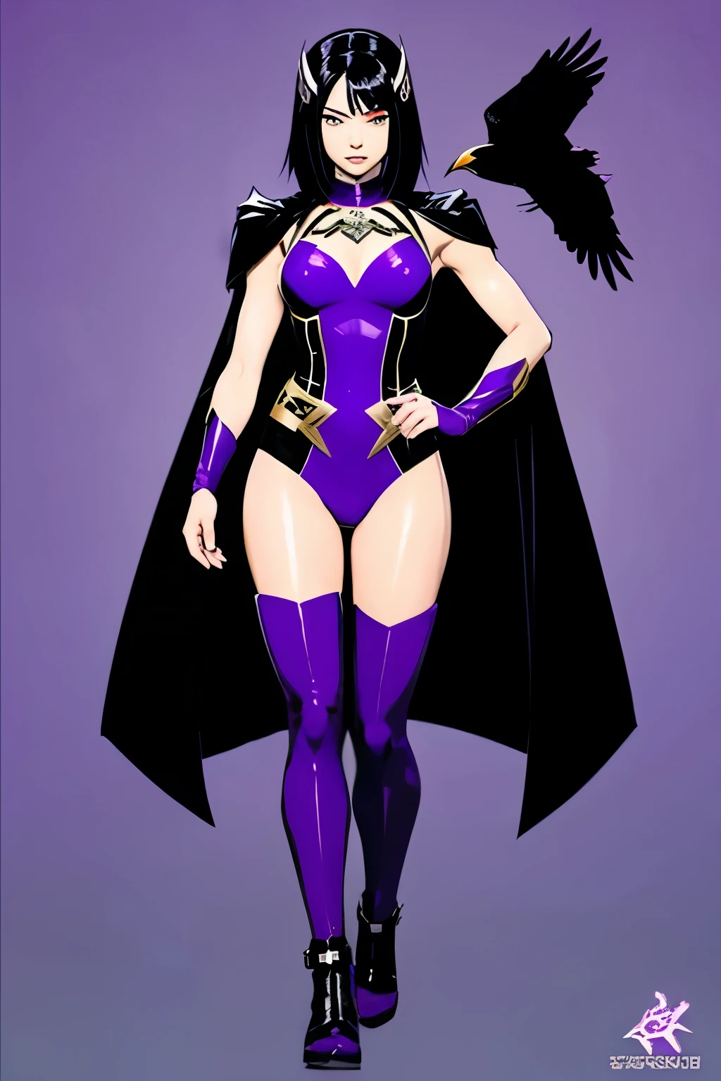 Generate a full-body image of a woman with black hair, wearing a unique superhero costume in purple and black colors, featuring a crow symbol on her chest, while ensuring the character is portrayed in a non-sexualized manner.
