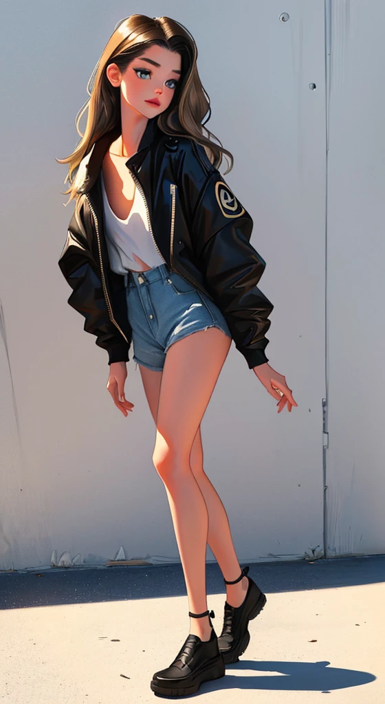 A beautiful young woman, combination of Mackenzie Foy:0.9, Ashley Greene:0.7, Rachael Taylor:1.2 full body portrait, line art, high-quality ink drawing, ultra-detailed, realistic shading, vibrant colors, elegant posture, hanging out, vivid colors, flat image, Looking at the viewer in hip-hop style streetwear, long hair