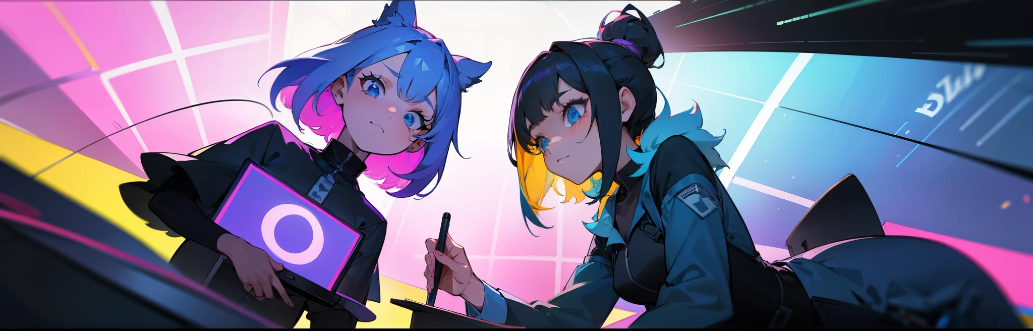two girls, drawing on tablets, intense game show, dutch angle, colorful