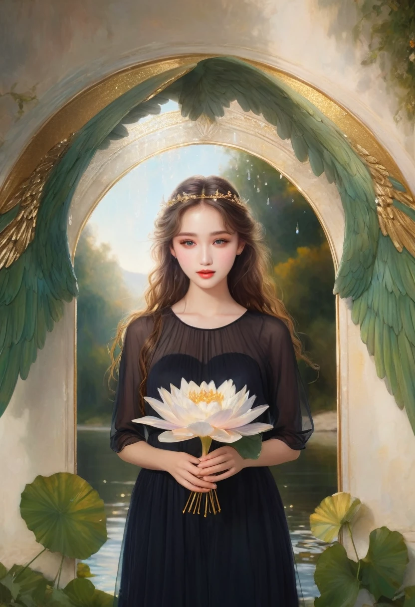 "(best quality,ultra-detailed),water element angel from lake,beautiful detailed eyes,beautiful detailed lips,flowing white dress,ethereal beauty,long flowy hair,golden halo,sparkling water drops,floating wings,soft ethereal light,impressionist painting style,vibrant colors,pastel color palette"