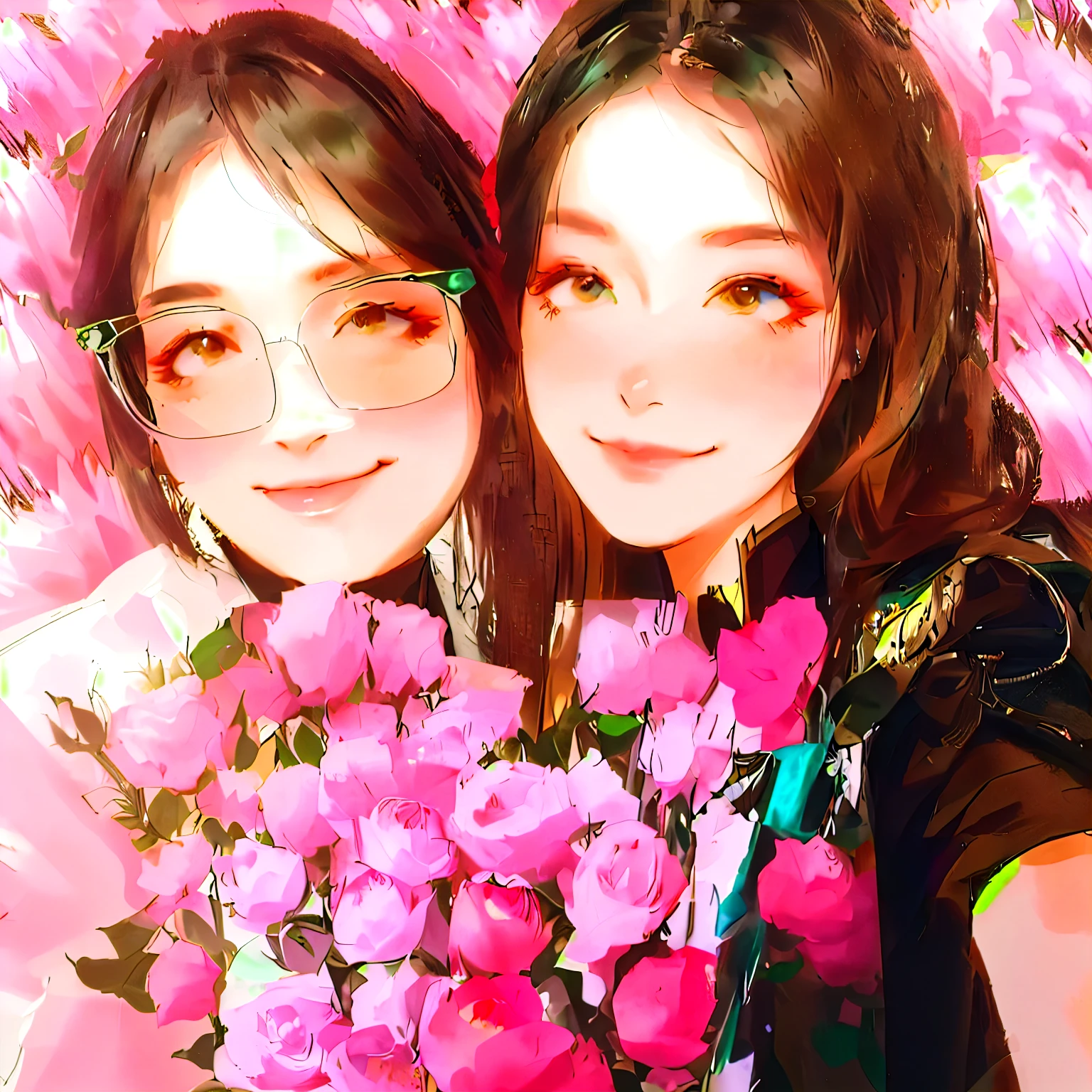 there are two women taking a selfie There are flowers in front of them, There are flowers, ivy, mine, She has long, and twins, 8k selfie photo, very Very low quality picture, Ruan Jia and Fenghua Zhong, very Very low quality, 🤬 🤮 💕 🎀, Very low quality, with godray
