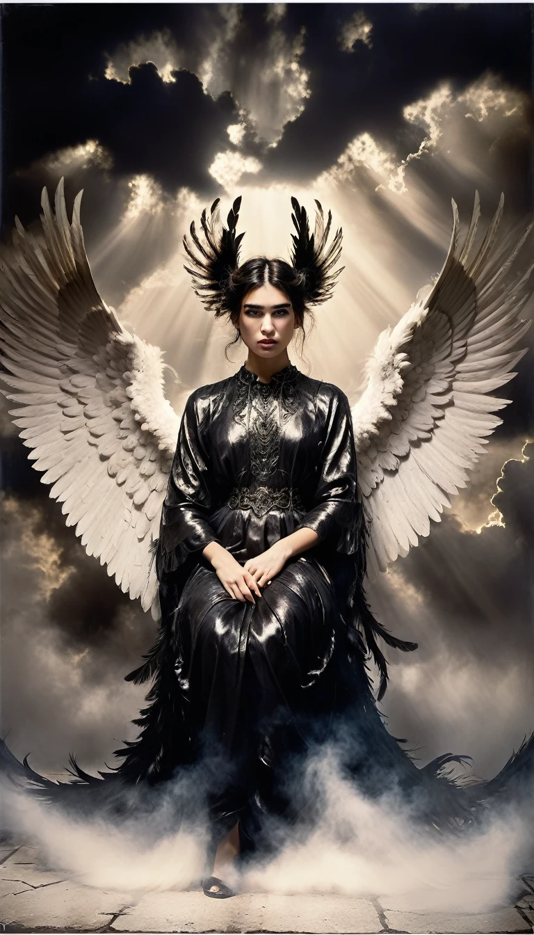 (Dua Lipa) (best quality,4k,8k,highres,masterpiece:1.2),ultra-detailed,realistic:1.37,epic art,colorful scary angel,(Apterus:1.5),oil painting,angry eyes,dark wings,vibrant colors,mysterious background,heavenly atmosphere,glowing halo,intense emotions,expressive brushstrokes,haunting presence,ethereal beauty,foreboding shadows,ominous lighting,dramatic composition,demonic features,sharp and detailed feathers,distinctive textures,contrast between light and dark,awe-inspiring,otherworldly,divine,fantasy theme,mythological creature,impressive wingspan,dynamic pose,ominous clouds,fallen angel,intricate details,captivating,unforgettable,visually stunning