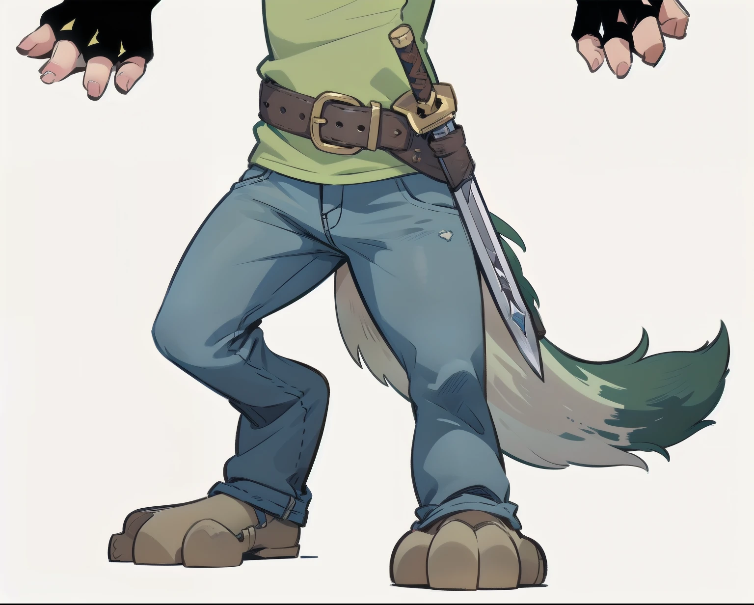 (melhor detalhamento, alta qualidade), lobo humanoide, rabo de lobo, pata de lobo, espada na cintura, jeans, Sword blade, fivela de cinto, cinto de couro