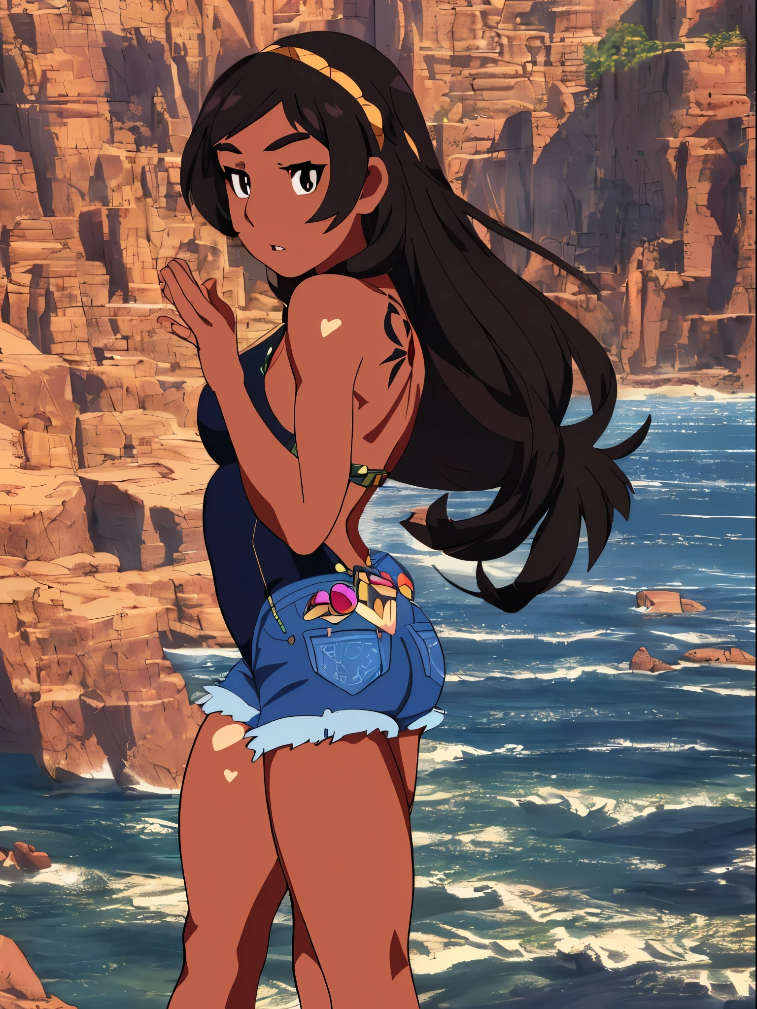 connie maheswaran age 25, ( extremely detailed CG, Mahagony-skinned female with dark Reddish-brown skin, black eyes, and phoenix back tattoo, wearing a full-body open back leotard, mini shorts with stars on the back pockets and a baret holding her black hair tight dragonbraid. strong , well-built, Perfect hourglass physique, amazing skin, strong oblong-shaped face, narrow convex hooked nose. strong, toned, wide heart hips,, biting lips enticingly, catching your eye, waving you closer to her). +( overlooking a coastal city with hands in her pockets,looking over her shoulder ,playful bottom hit) :+(view from behind, hd illustration, extreme long shot, rendered in Unreal Engine 5, hyper-realistic, , 128k, ultra - HD, intricate detail, super - res, webcomic animation, ink art, full-length portrait, wide-body shot, alluring aura and stare , ink art,Black ink,tattoo design outline, Lineart, brush art ,thin line animation, ultra-HD masterpiece, highest quality, highly detailed facial expressions,realistic expression, perfect piece, perfect prompt ,full length, best quality, intricately accurate facial and physical structure, intricately realistic expression and emotion, accurate colored complexion, accurate body anatomy, intricate bodypaint, complex hairstyles, intricate character detail, intricately expressive, intricate color design, complex emotions,) 