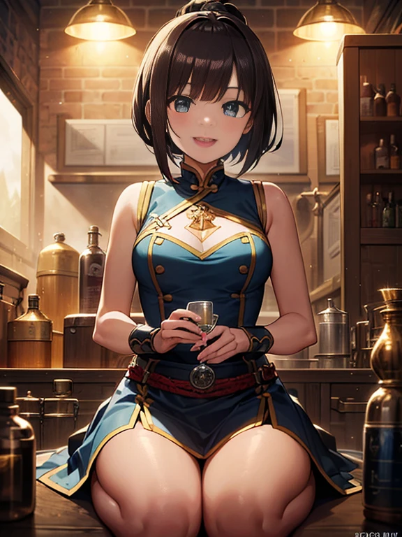 (fantasy:1.5),(anime,8k,masterpiece, top quality, best quality,beautiful and aesthetic:1.2,professional illustrasion:1.1,ultra detail:1.3,perfect lighting),extremely detailed,highest detailed,incredibly absurdres , highres, ultra detailed,intricate:1.6,(Alchemy Workshop:1.4),A girl mixing,Medicine in many small bottles,holding small potion,colorful:1.4,zentangle,(1girl),(girl),(Three kingdoms female warload),(highly detailed beautiful face and eyes,firm breasts),oily skin,((black,hair,short bob with short pony tail hair)),thin pubic hair,cute,lovely,34 years old,alchemist costume,Merchant's Clothing,smile,in the kitchen,smile,seductive weak smiling,(with sparkling eyes and a contagious smile),open mouth, Looking at Viewer,