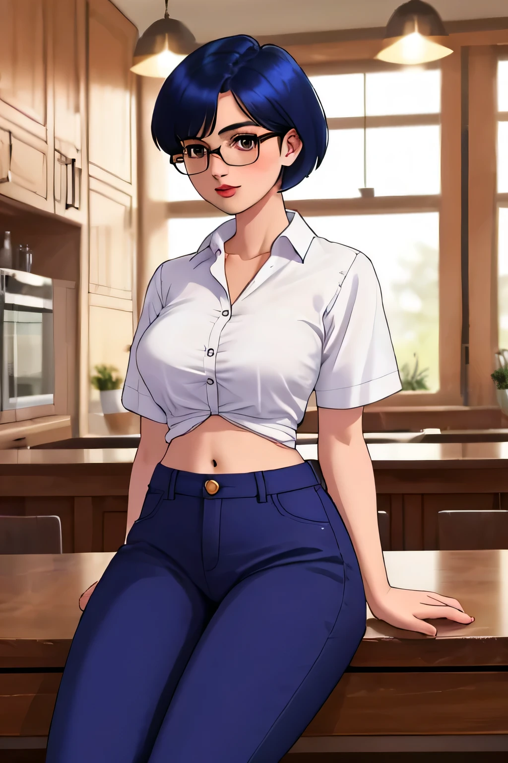  A cute milf girl with a big breast, dark blue hair, a short cut, her brown eye, glasses, wears a short-sleeved button-down blouse, shows her navel, and big purple pants, black heels. 