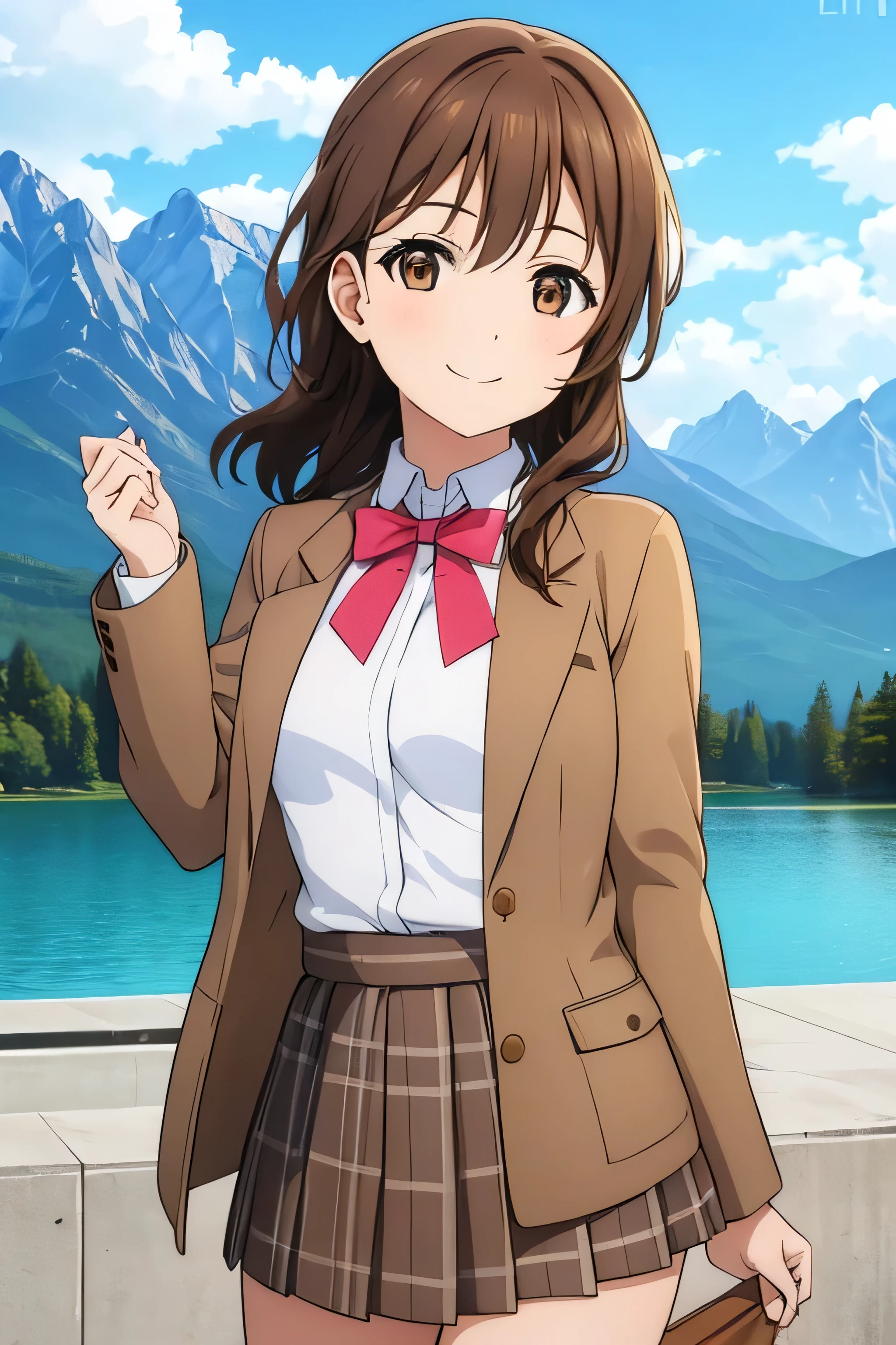 A girl with brown eyes, brown hair, with a smile on her lips, is wearing a skirt, a shirt, and looks at a jacket, above and just behind her, a very beautiful lake that extends in the background, as well as some mountains very far in the background.