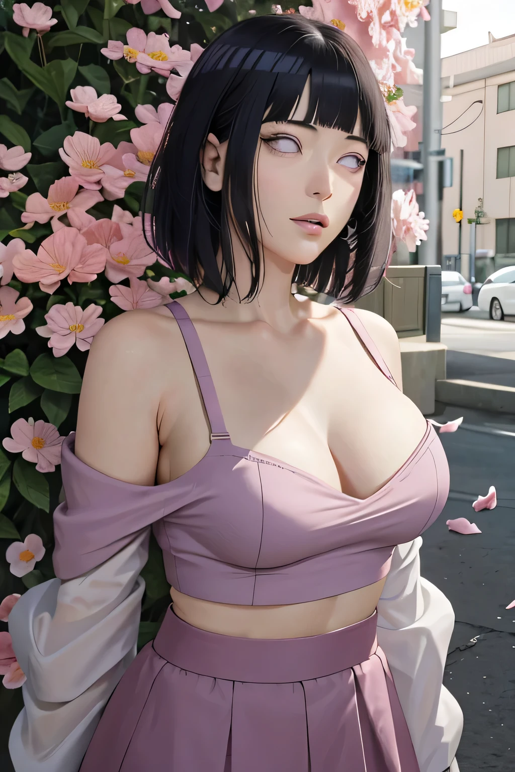 masterpiece, absurdres, hinata\(boruto\), 1girl, solo,mature female, off-shoulder strap bra, high waist short skirt, looking at viewer, (falling petals), perfect composition, detailed lips, big breast, beautiful face, body propotion, blush, (pink lips), long hair,  purple eyes,  soft gaze,  super realistic, detailed, photoshoot, realistic face and body,