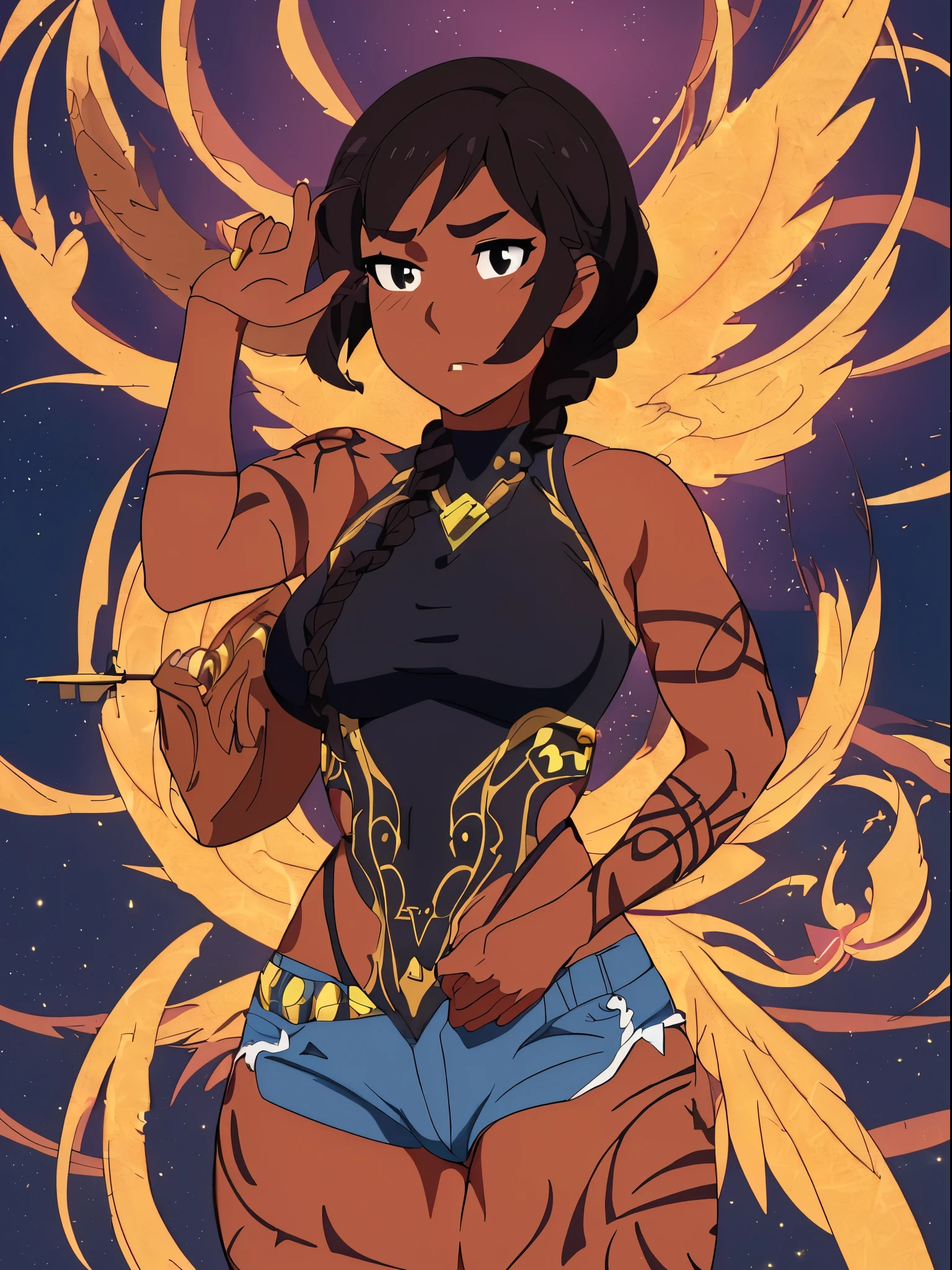 connie maheswaran age 25, ( extremely detailed CG, Mahagony-skinned female with dark Reddish-brown skin, black eyes, and phoenix back tattoo, wearing a full-body open back leotard, mini shorts with stars on the back pockets and a baret holding her black hair tight dragonbraid. strong , well-built, Perfect hourglass physique, amazing skin, strong oblong-shaped face, narrow convex hooked nose. strong, toned, wide heart hips,, biting lips enticingly, catching your eye, waving you closer to her). +( overlooking a coastal city with hands in her pockets,looking over her shoulder ,playful bottom hit) :+(view from behind, hd illustration, extreme long shot, rendered in Unreal Engine 5, hyper-realistic, , 128k, ultra - HD, intricate detail, super - res, webcomic animation, ink art, full-length portrait, wide-body shot, alluring aura and stare , ink art,Black ink,tattoo design outline, Lineart, brush art ,thin line animation, ultra-HD masterpiece, highest quality, highly detailed facial expressions,realistic expression, perfect piece, perfect prompt ,full length, best quality, intricately accurate facial and physical structure, intricately realistic expression and emotion, accurate colored complexion, accurate body anatomy, intricate bodypaint, complex hairstyles, intricate character detail, intricately expressive, intricate color design, complex emotions,) 